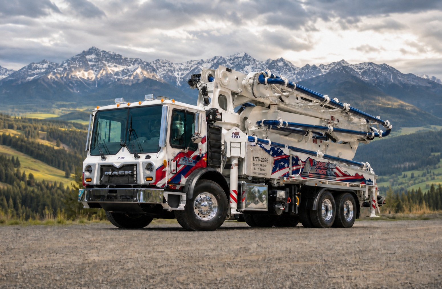 Treasure State Concrete, Inc. 40 Meter RZ concrete pump truck in Montana mountain scenery