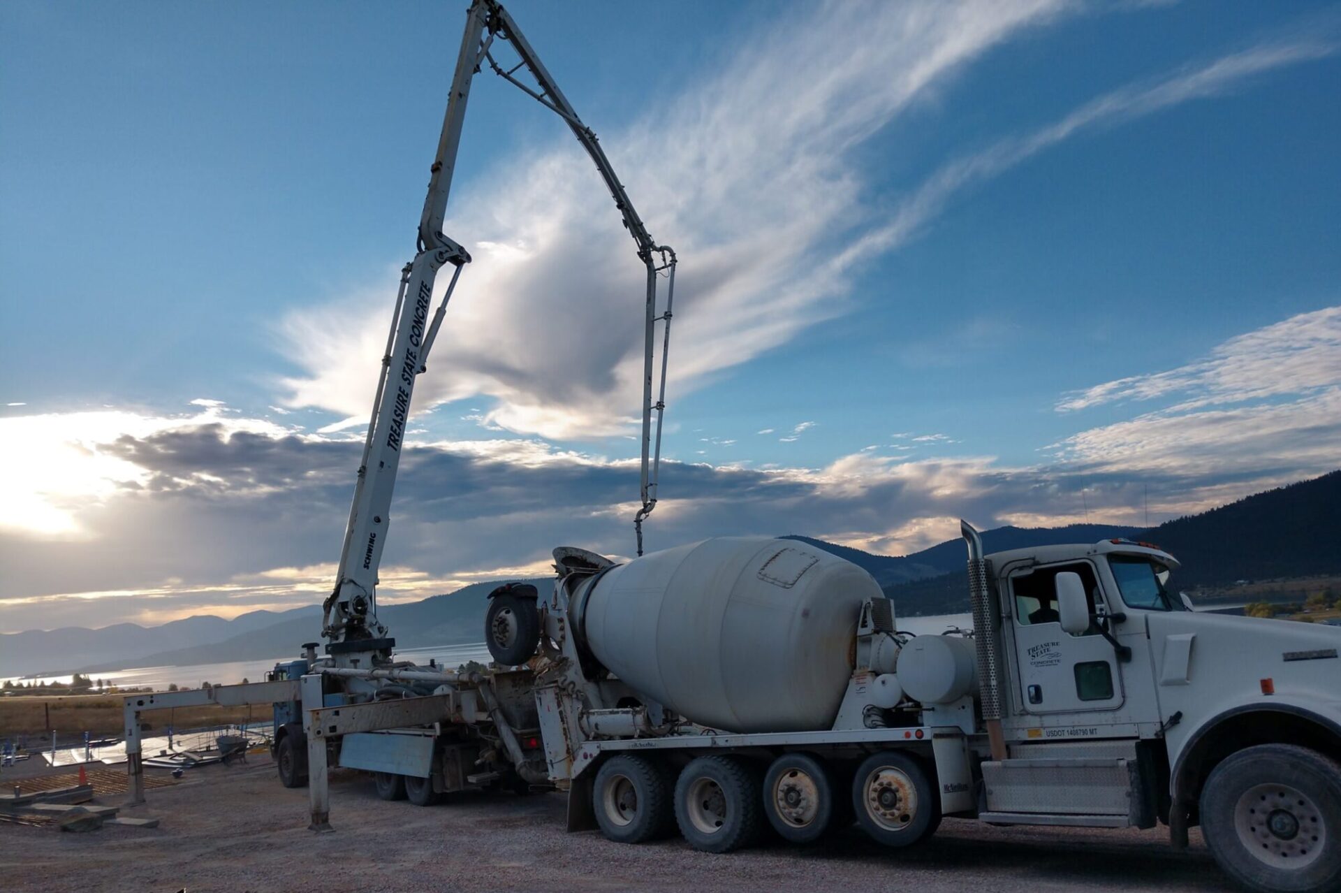 Treasure State Concrete, Inc. mixer and concrete pump supporting a Montana concrete placement