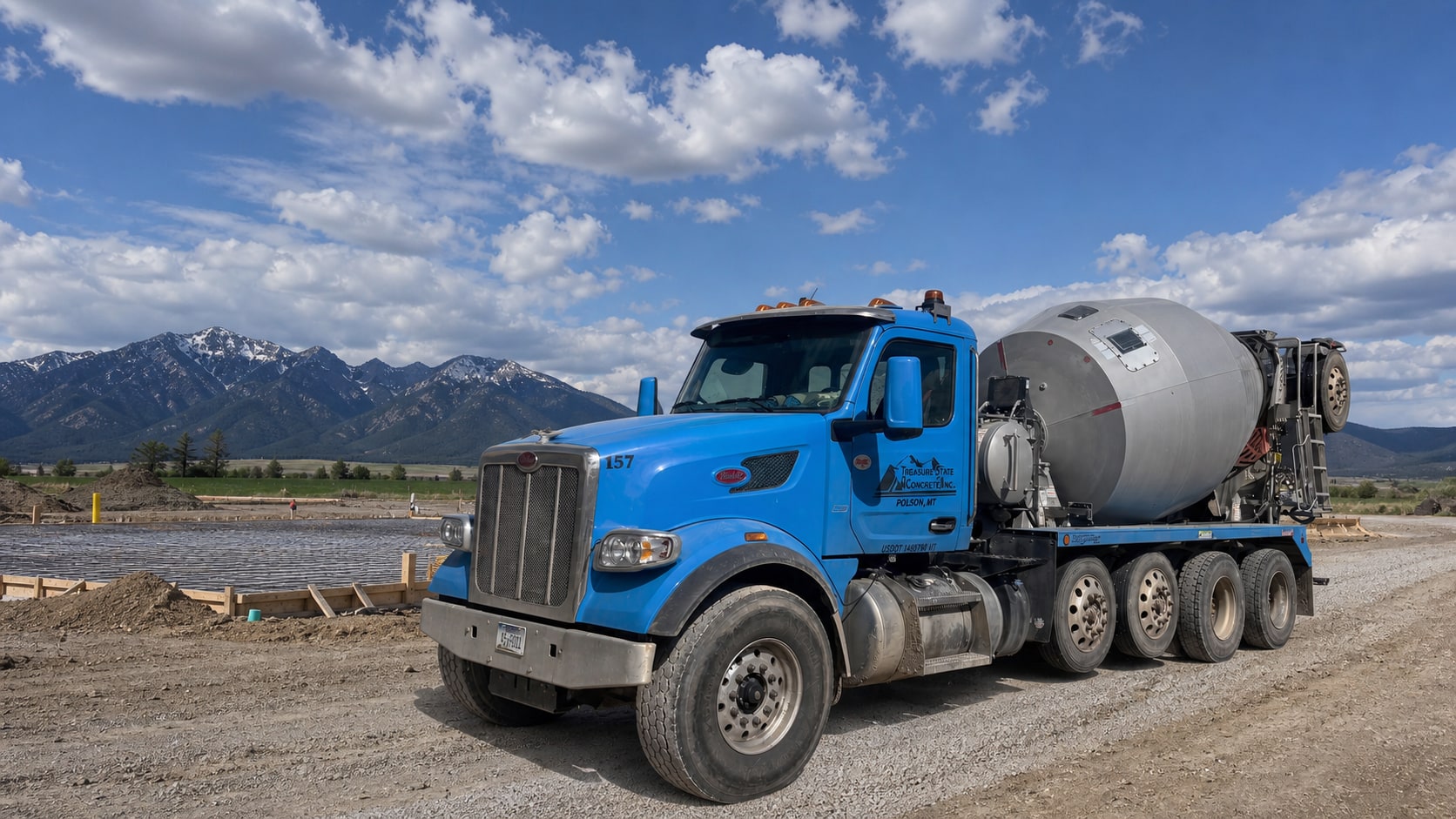 Treasure State Concrete, Inc. mixer truck at a Montana jobsite